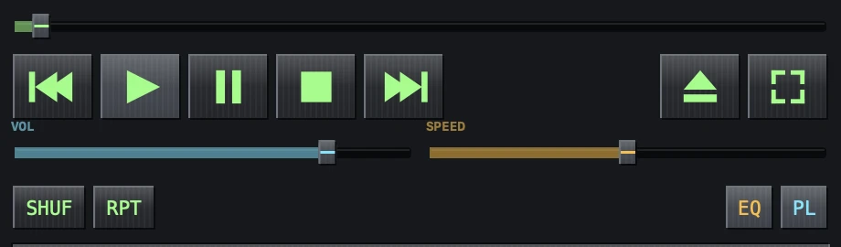 Seek bar and transport controls; the eject button on the right opens the file panel