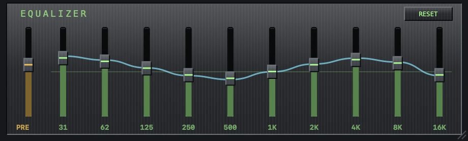 The equalizer strip: PRE preamp slider, ten band sliders from 31 Hz to 16 kHz with a response curve, and a RESET button