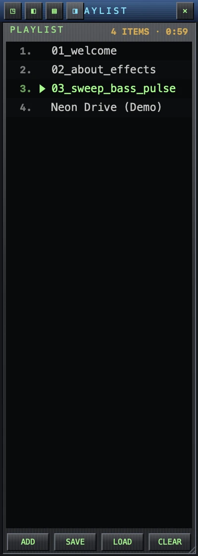The playlist window: header with item count and total time, numbered tracks with the current one marked, and ADD / SAVE / LOAD / CLEAR buttons